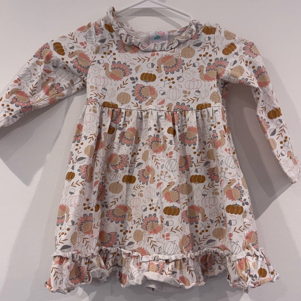 Stitchy Fish Girl White Be Thankful Pumpkin Thanksgiving Ruffle Mini Dress SZ 5